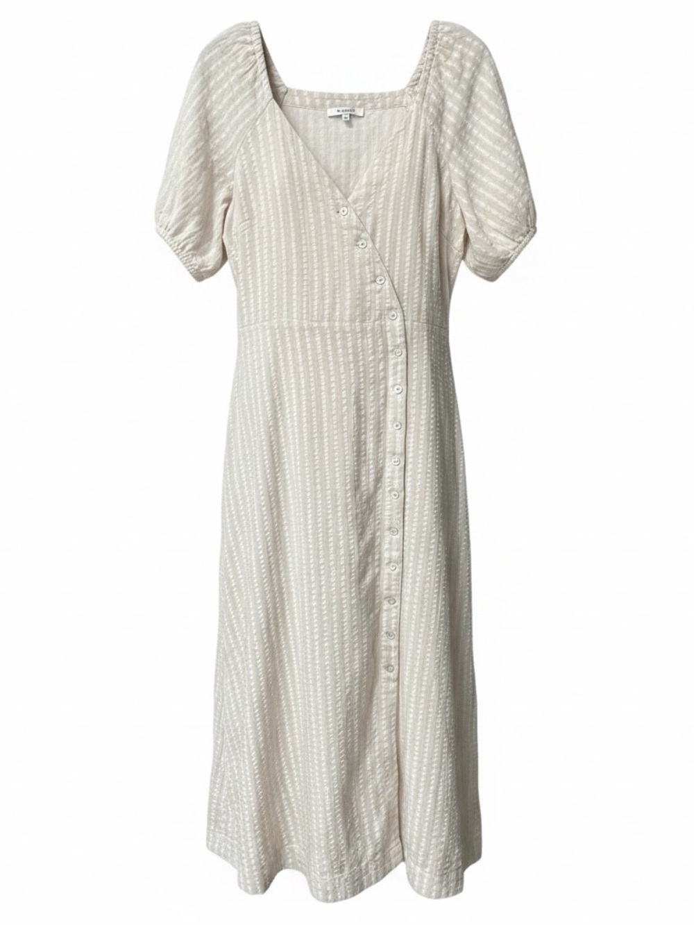 Madewell Puff-Sleeve Button-Wrap Midi Dress In Undyed Stripe Sz 6 Natural Fiber